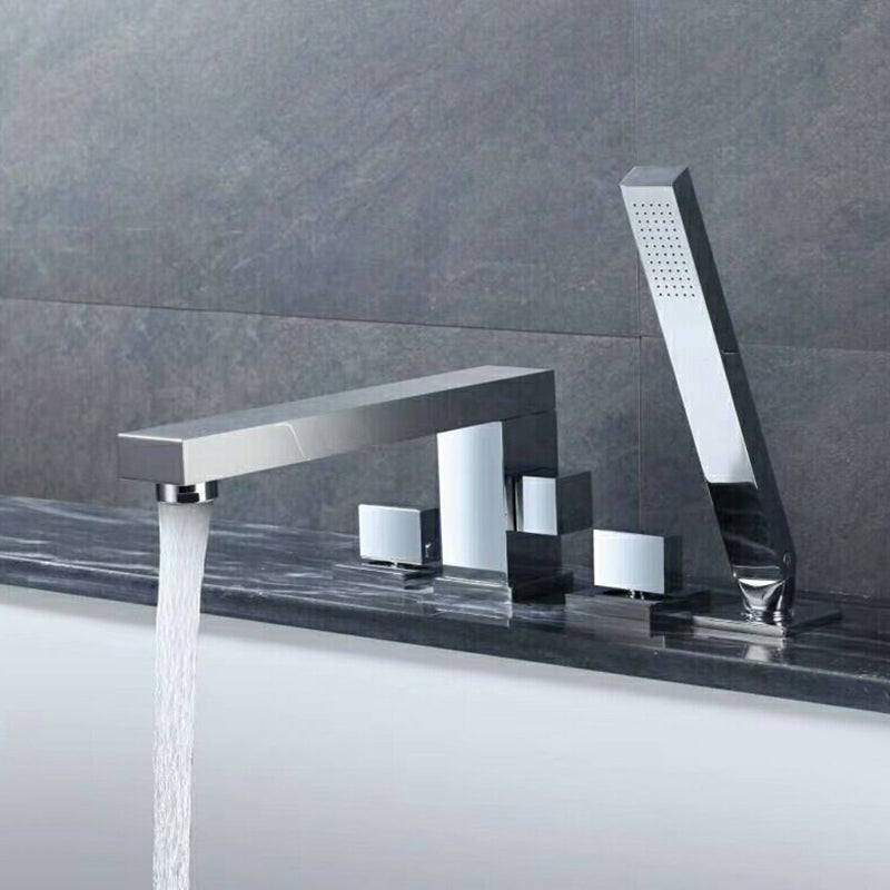 Modern Bathtub Faucet Solid Color Deck Mount Roman Tub Faucets Silver Square Faucet 4 Hole Faucets Clearhalo 'Bathroom Remodel & Bathroom Fixtures' 'Bathtub Faucets' 'bathtub_faucets' 'Home Improvement' 'home_improvement' 'home_improvement_bathtub_faucets' 7111671