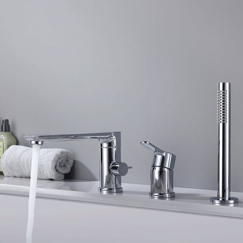 Modern Bathtub Faucet Solid Color Deck Mount Roman Tub Faucets Silver Round Faucet 3 Hole Faucets Clearhalo 'Bathroom Remodel & Bathroom Fixtures' 'Bathtub Faucets' 'bathtub_faucets' 'Home Improvement' 'home_improvement' 'home_improvement_bathtub_faucets' 7111673
