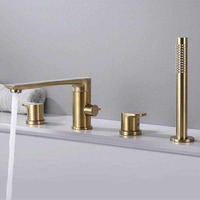 Modern Bathtub Faucet Solid Color Deck Mount Roman Tub Faucets Gold Round Faucet 4 Hole Faucets Clearhalo 'Bathroom Remodel & Bathroom Fixtures' 'Bathtub Faucets' 'bathtub_faucets' 'Home Improvement' 'home_improvement' 'home_improvement_bathtub_faucets' 7111676