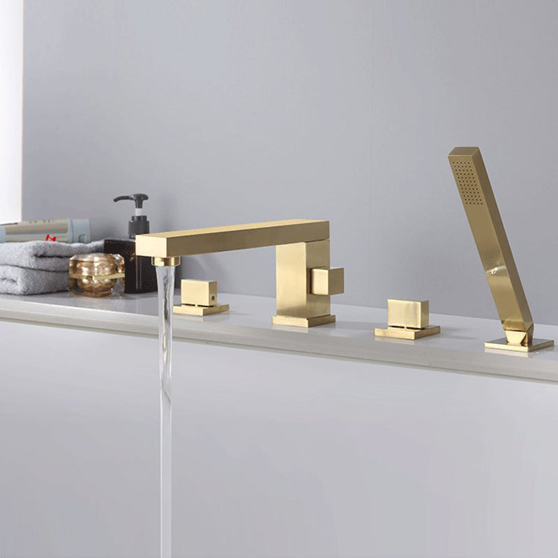 Modern Bathtub Faucet Solid Color Deck Mount Roman Tub Faucets Gold Square Faucet 4 Hole Faucets Clearhalo 'Bathroom Remodel & Bathroom Fixtures' 'Bathtub Faucets' 'bathtub_faucets' 'Home Improvement' 'home_improvement' 'home_improvement_bathtub_faucets' 7111678