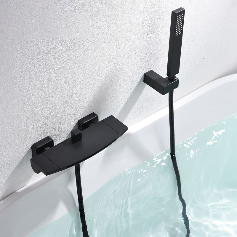 Bath Faucet Trim Solid Color Wall Mounted Waterfall Bathroom Faucet Black Hand Shower Included Clearhalo 'Bathroom Remodel & Bathroom Fixtures' 'Bathtub Faucets' 'bathtub_faucets' 'Home Improvement' 'home_improvement' 'home_improvement_bathtub_faucets' 7111705