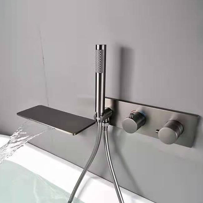 Modern Bath Filler Trim Brass Knob Handles with Hand Shower Waterfall Wall Mount Faucet Clearhalo 'Bathroom Remodel & Bathroom Fixtures' 'Bathtub Faucets' 'bathtub_faucets' 'Home Improvement' 'home_improvement' 'home_improvement_bathtub_faucets' 7111766