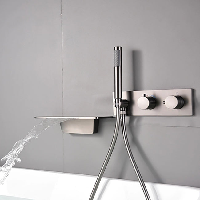 Modern Bath Filler Trim Brass Knob Handles with Hand Shower Waterfall Wall Mount Faucet Clearhalo 'Bathroom Remodel & Bathroom Fixtures' 'Bathtub Faucets' 'bathtub_faucets' 'Home Improvement' 'home_improvement' 'home_improvement_bathtub_faucets' 7111768