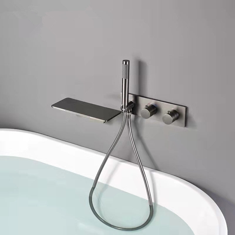 Modern Bath Filler Trim Brass Knob Handles with Hand Shower Waterfall Wall Mount Faucet Gun Grey Joined Clearhalo 'Bathroom Remodel & Bathroom Fixtures' 'Bathtub Faucets' 'bathtub_faucets' 'Home Improvement' 'home_improvement' 'home_improvement_bathtub_faucets' 7111769