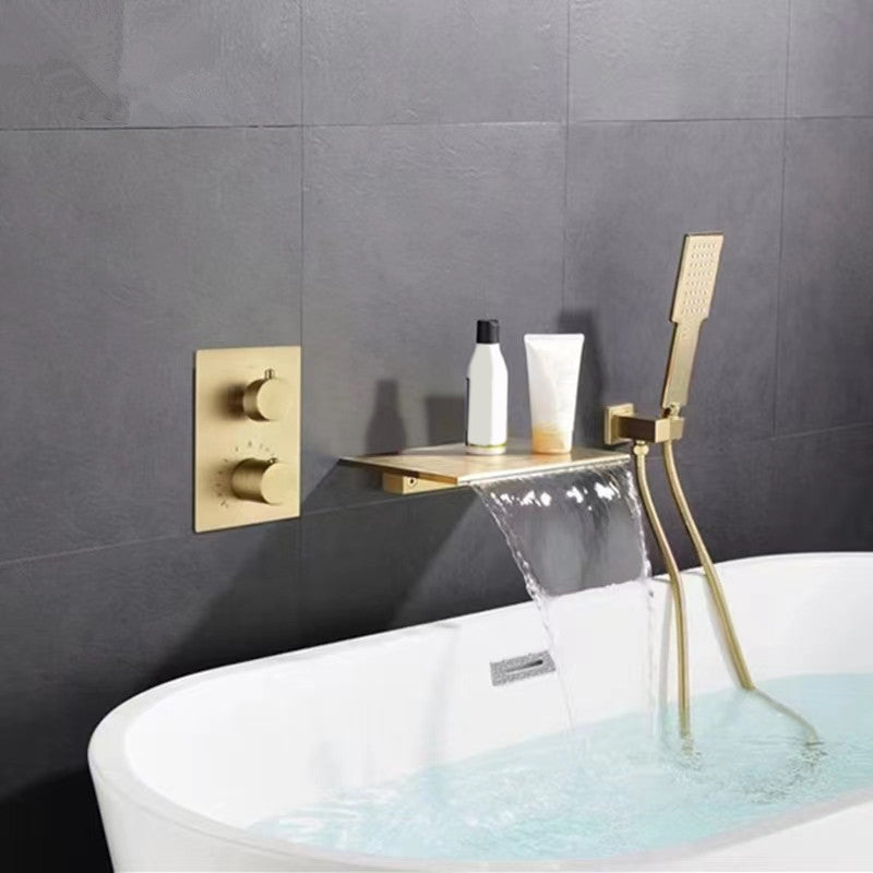 Modern Bath Filler Trim Brass Knob Handles with Hand Shower Waterfall Wall Mount Faucet Gold Fission Clearhalo 'Bathroom Remodel & Bathroom Fixtures' 'Bathtub Faucets' 'bathtub_faucets' 'Home Improvement' 'home_improvement' 'home_improvement_bathtub_faucets' 7111770