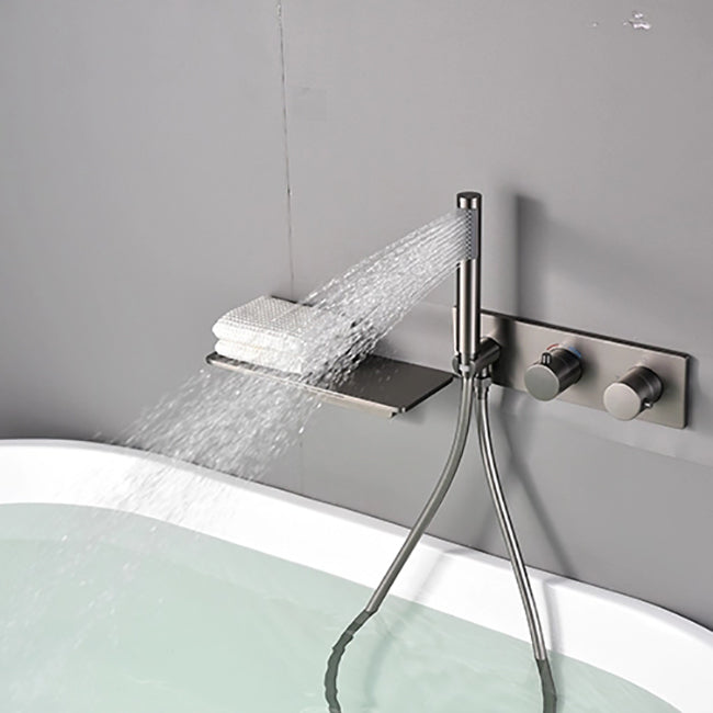 Modern Bath Filler Trim Brass Knob Handles with Hand Shower Waterfall Wall Mount Faucet Clearhalo 'Bathroom Remodel & Bathroom Fixtures' 'Bathtub Faucets' 'bathtub_faucets' 'Home Improvement' 'home_improvement' 'home_improvement_bathtub_faucets' 7111771
