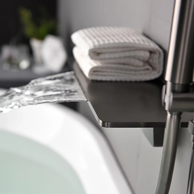 Modern Bath Filler Trim Brass Knob Handles with Hand Shower Waterfall Wall Mount Faucet Clearhalo 'Bathroom Remodel & Bathroom Fixtures' 'Bathtub Faucets' 'bathtub_faucets' 'Home Improvement' 'home_improvement' 'home_improvement_bathtub_faucets' 7111773