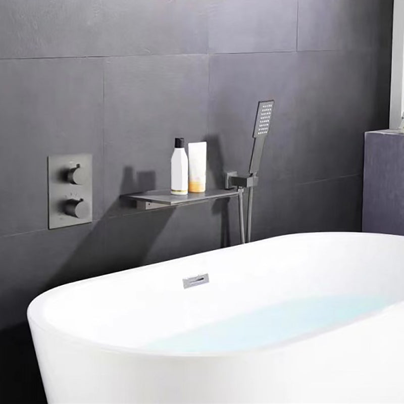 Modern Bath Filler Trim Brass Knob Handles with Hand Shower Waterfall Wall Mount Faucet Gun Grey Fission Clearhalo 'Bathroom Remodel & Bathroom Fixtures' 'Bathtub Faucets' 'bathtub_faucets' 'Home Improvement' 'home_improvement' 'home_improvement_bathtub_faucets' 7111775