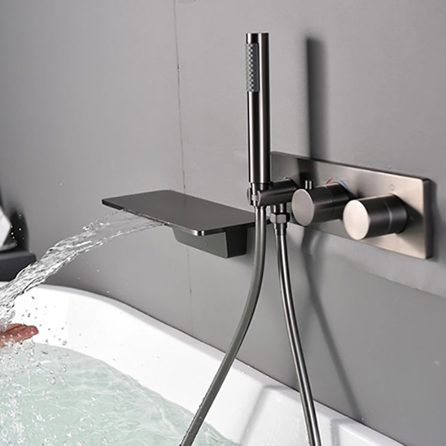 Modern Bath Filler Trim Brass Knob Handles with Hand Shower Waterfall Wall Mount Faucet Clearhalo 'Bathroom Remodel & Bathroom Fixtures' 'Bathtub Faucets' 'bathtub_faucets' 'Home Improvement' 'home_improvement' 'home_improvement_bathtub_faucets' 7111776