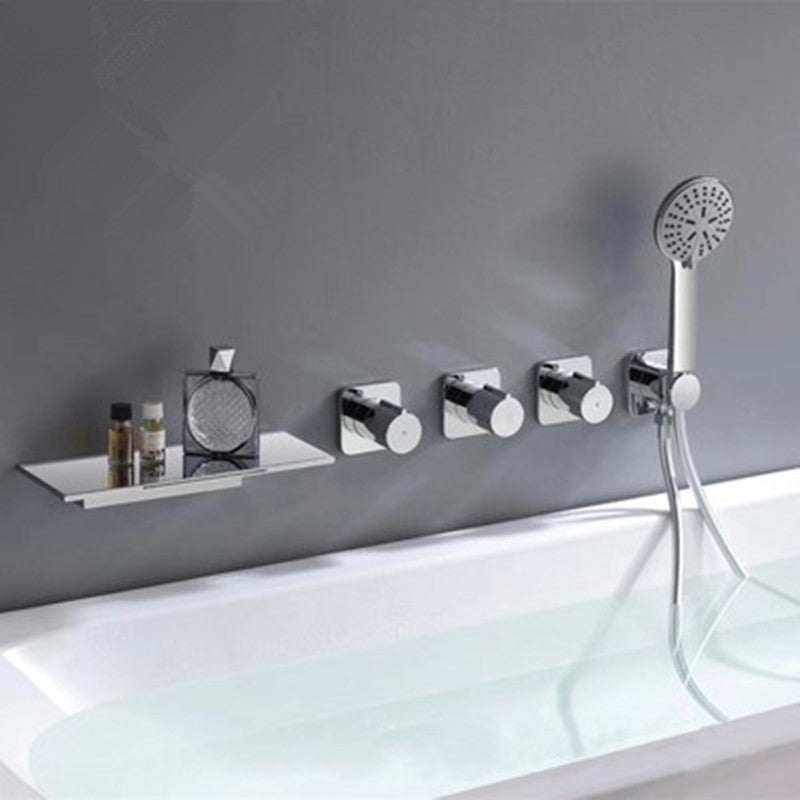 Modern Bath Filler Trim Brass Knob Handles with Hand Shower Waterfall Wall Mount Faucet Chrome Split-Body Valve Clearhalo 'Bathroom Remodel & Bathroom Fixtures' 'Bathtub Faucets' 'bathtub_faucets' 'Home Improvement' 'home_improvement' 'home_improvement_bathtub_faucets' 7111777