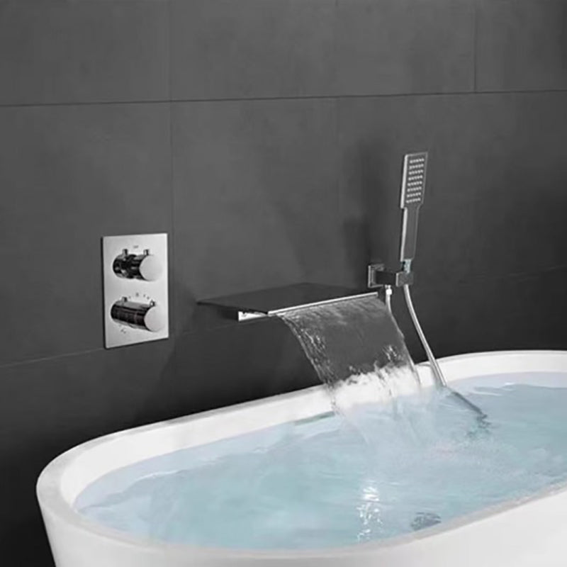 Modern Bath Filler Trim Brass Knob Handles with Hand Shower Waterfall Wall Mount Faucet Chrome Fission Clearhalo 'Bathroom Remodel & Bathroom Fixtures' 'Bathtub Faucets' 'bathtub_faucets' 'Home Improvement' 'home_improvement' 'home_improvement_bathtub_faucets' 7111778