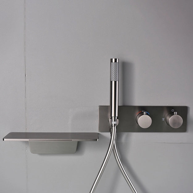 Modern Bath Filler Trim Brass Knob Handles with Hand Shower Waterfall Wall Mount Faucet Clearhalo 'Bathroom Remodel & Bathroom Fixtures' 'Bathtub Faucets' 'bathtub_faucets' 'Home Improvement' 'home_improvement' 'home_improvement_bathtub_faucets' 7111783