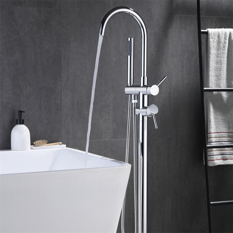 Modern Freestanding Faucet Copper with Risers and Handheld Shower Tub Faucet Chrome Round Faucet Clearhalo 'Bathroom Remodel & Bathroom Fixtures' 'Bathtub Faucets' 'bathtub_faucets' 'Home Improvement' 'home_improvement' 'home_improvement_bathtub_faucets' 7111812