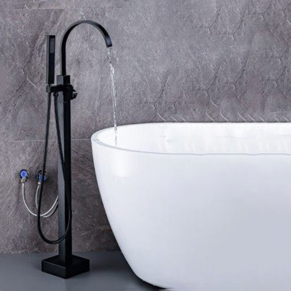 Modern Freestanding Bathtub Metal Faucet Freestanding Tub Faucet Black Gooseneck Hand Shower Included Clearhalo 'Bathroom Remodel & Bathroom Fixtures' 'Bathtub Faucets' 'bathtub_faucets' 'Home Improvement' 'home_improvement' 'home_improvement_bathtub_faucets' 7111888