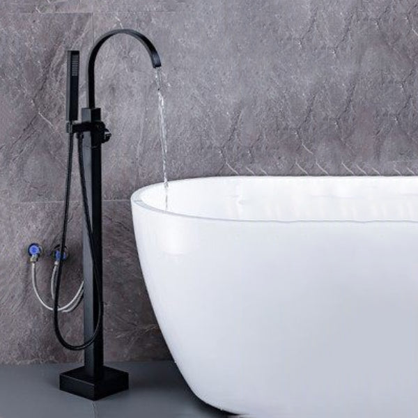 Modern Freestanding Bathtub Metal Faucet Freestanding Tub Faucet Black Gooseneck Hand Shower Included Clearhalo 'Bathroom Remodel & Bathroom Fixtures' 'Bathtub Faucets' 'bathtub_faucets' 'Home Improvement' 'home_improvement' 'home_improvement_bathtub_faucets' 7111888