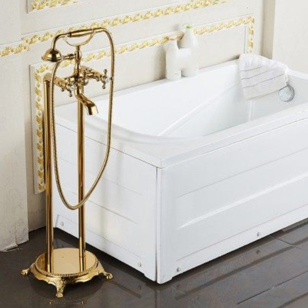 Modern Freestanding Bathtub Metal Faucet Freestanding Tub Faucet Gold Flat Hand Shower Included Clearhalo 'Bathroom Remodel & Bathroom Fixtures' 'Bathtub Faucets' 'bathtub_faucets' 'Home Improvement' 'home_improvement' 'home_improvement_bathtub_faucets' 7111890