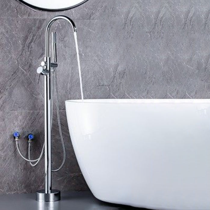 Modern Freestanding Bathtub Metal Faucet Freestanding Tub Faucet Chrome Gooseneck Hand Shower Included Clearhalo 'Bathroom Remodel & Bathroom Fixtures' 'Bathtub Faucets' 'bathtub_faucets' 'Home Improvement' 'home_improvement' 'home_improvement_bathtub_faucets' 7111892