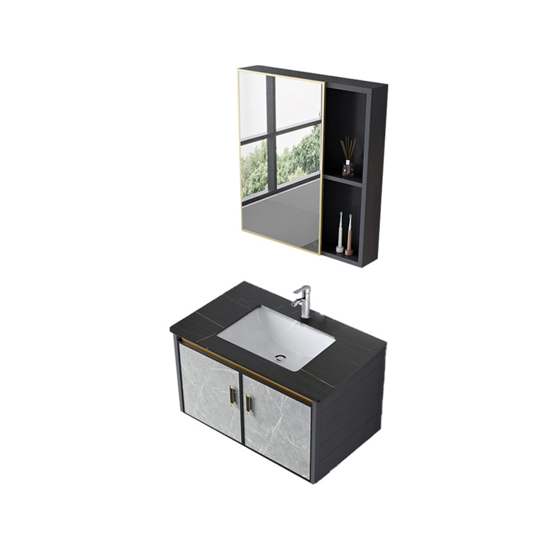 Wall Mounted Vanity Set Drawers Ceramic Sink Faucet Vanity Set with Mirror Vanity & Faucet & Mirror Cabinet 28"L x 19"W x 17"H Slate Clearhalo 'Bathroom Remodel & Bathroom Fixtures' 'Bathroom Vanities' 'bathroom_vanities' 'Home Improvement' 'home_improvement' 'home_improvement_bathroom_vanities' 7111936