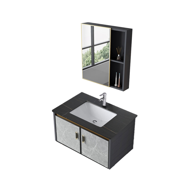 Wall Mounted Vanity Set Drawers Ceramic Sink Faucet Vanity Set with Mirror Vanity & Faucet & Mirror Cabinet 31"L x 19"W x 17"H Slate Clearhalo 'Bathroom Remodel & Bathroom Fixtures' 'Bathroom Vanities' 'bathroom_vanities' 'Home Improvement' 'home_improvement' 'home_improvement_bathroom_vanities' 7111937