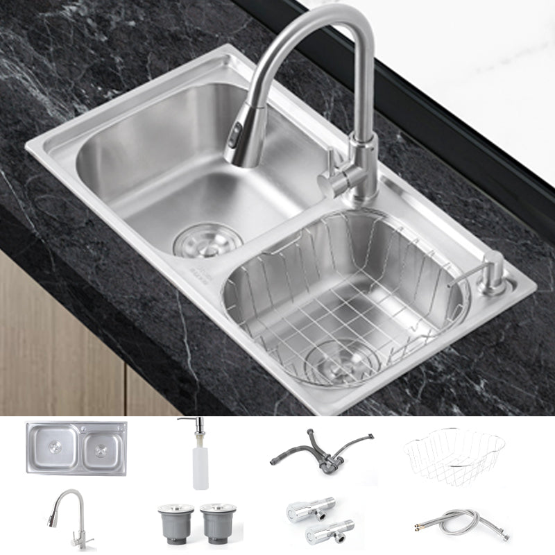 Dirt Resistant Kitchen Double Sink Stainless Steel Drop-In Kitchen Sink Sink with Faucet Pull Out Faucet Clearhalo 'Home Improvement' 'home_improvement' 'home_improvement_kitchen_sinks' 'Kitchen Remodel & Kitchen Fixtures' 'Kitchen Sinks & Faucet Components' 'Kitchen Sinks' 'kitchen_sinks' 7113053