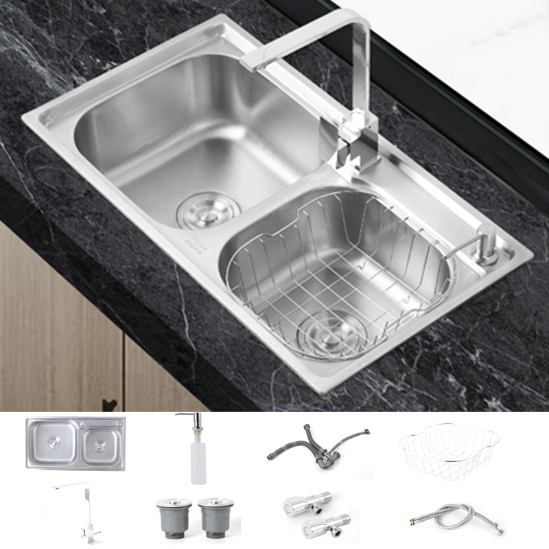 Dirt Resistant Kitchen Double Sink Stainless Steel Drop-In Kitchen Sink Sink with Faucet Square Faucet Clearhalo 'Home Improvement' 'home_improvement' 'home_improvement_kitchen_sinks' 'Kitchen Remodel & Kitchen Fixtures' 'Kitchen Sinks & Faucet Components' 'Kitchen Sinks' 'kitchen_sinks' 7113054