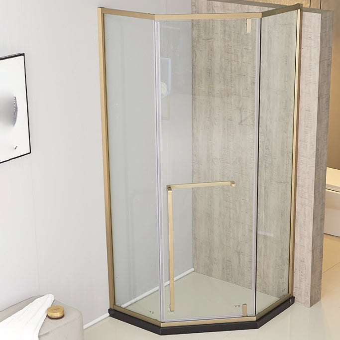 Gold Frame Neo-Angle Shower Enclosure with Single Door Handle Clearhalo 'Bathroom Remodel & Bathroom Fixtures' 'Home Improvement' 'home_improvement' 'home_improvement_shower_stalls_enclosures' 'Shower Stalls & Enclosures' 'shower_stalls_enclosures' 'Showers & Bathtubs' 7114742