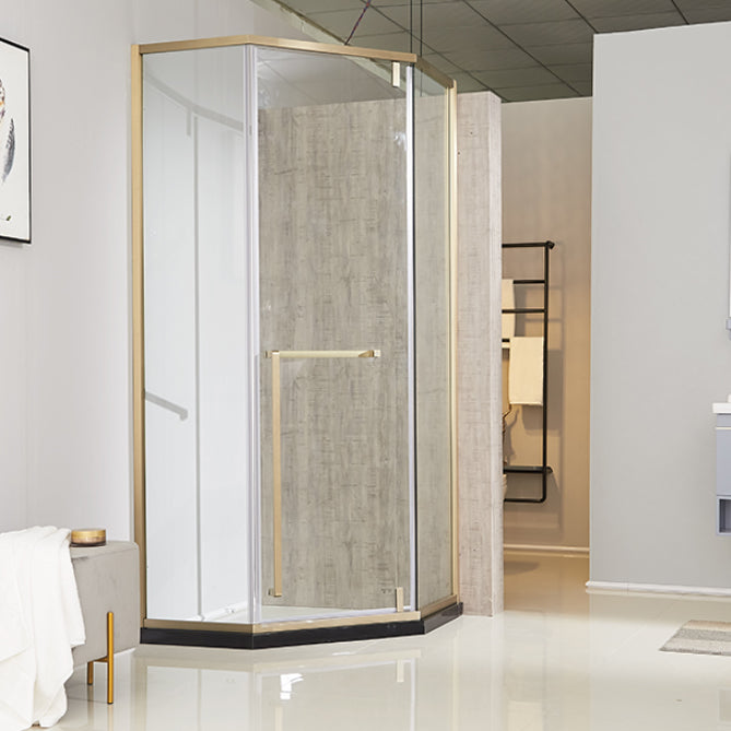 Gold Frame Neo-Angle Shower Enclosure with Single Door Handle Clearhalo 'Bathroom Remodel & Bathroom Fixtures' 'Home Improvement' 'home_improvement' 'home_improvement_shower_stalls_enclosures' 'Shower Stalls & Enclosures' 'shower_stalls_enclosures' 'Showers & Bathtubs' 7114744