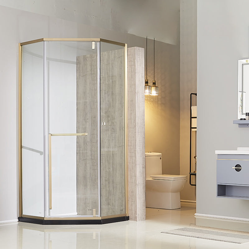 Gold Frame Neo-Angle Shower Enclosure with Single Door Handle Clearhalo 'Bathroom Remodel & Bathroom Fixtures' 'Home Improvement' 'home_improvement' 'home_improvement_shower_stalls_enclosures' 'Shower Stalls & Enclosures' 'shower_stalls_enclosures' 'Showers & Bathtubs' 7114750