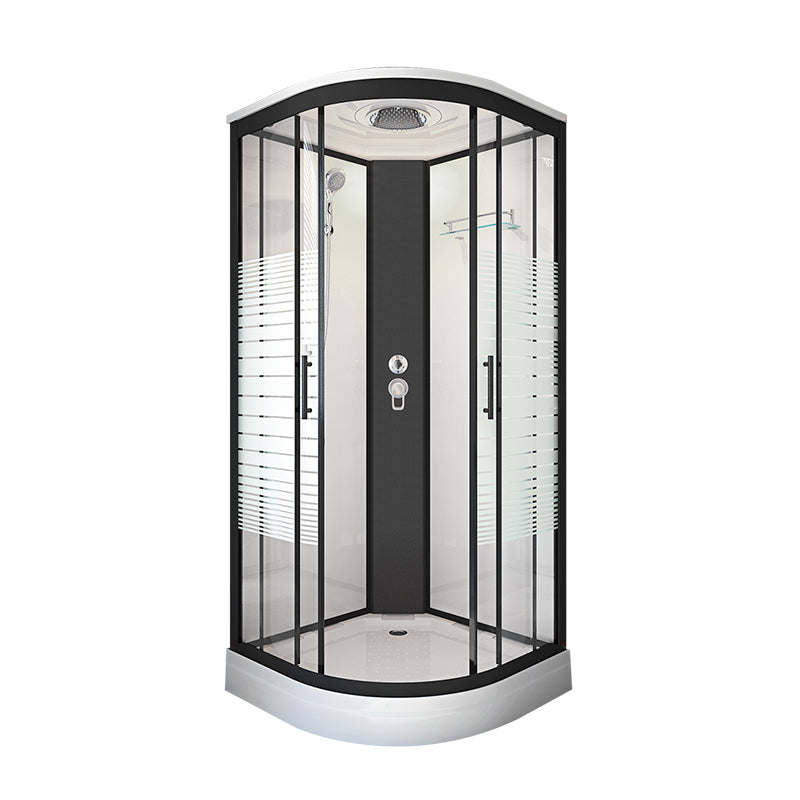 Rounded Double Sliding Shower Stall Striped Tempered Glass Shower Stall Steam Not Included ( Without Electricity) Black Clearhalo 'Bathroom Remodel & Bathroom Fixtures' 'Home Improvement' 'home_improvement' 'home_improvement_shower_stalls_enclosures' 'Shower Stalls & Enclosures' 'shower_stalls_enclosures' 'Showers & Bathtubs' 7114842