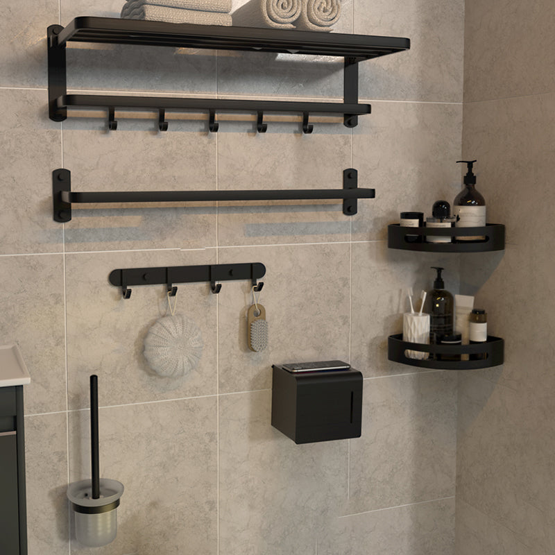 7-Piece Modern Bathroom Accessory Set with Bathe Shelf/Towel Bar/Paper Holder & Robe Hook Black 7-Piece Set Clearhalo 'Bathroom Hardware Sets' 'Bathroom Hardware' 'Bathroom Remodel & Bathroom Fixtures' 'bathroom_hardware_sets' 'Home Improvement' 'home_improvement' 'home_improvement_bathroom_hardware_sets' 7116010