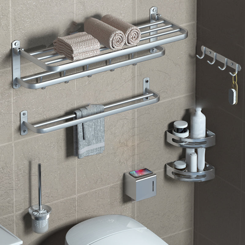 7-Piece Modern Bathroom Accessory Set with Bathe Shelf/Towel Bar/Paper Holder & Robe Hook Silver 7-Piece Set Clearhalo 'Bathroom Hardware Sets' 'Bathroom Hardware' 'Bathroom Remodel & Bathroom Fixtures' 'bathroom_hardware_sets' 'Home Improvement' 'home_improvement' 'home_improvement_bathroom_hardware_sets' 7116011