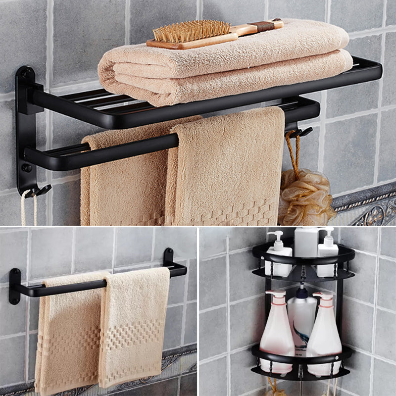 Modern Bathroom Accessories Hardware Set Black Accessories Hardware Set 3-Piece Set(Double Deck Shelves) Clearhalo 'Bathroom Hardware Sets' 'Bathroom Hardware' 'Bathroom Remodel & Bathroom Fixtures' 'bathroom_hardware_sets' 'Home Improvement' 'home_improvement' 'home_improvement_bathroom_hardware_sets' 7116149