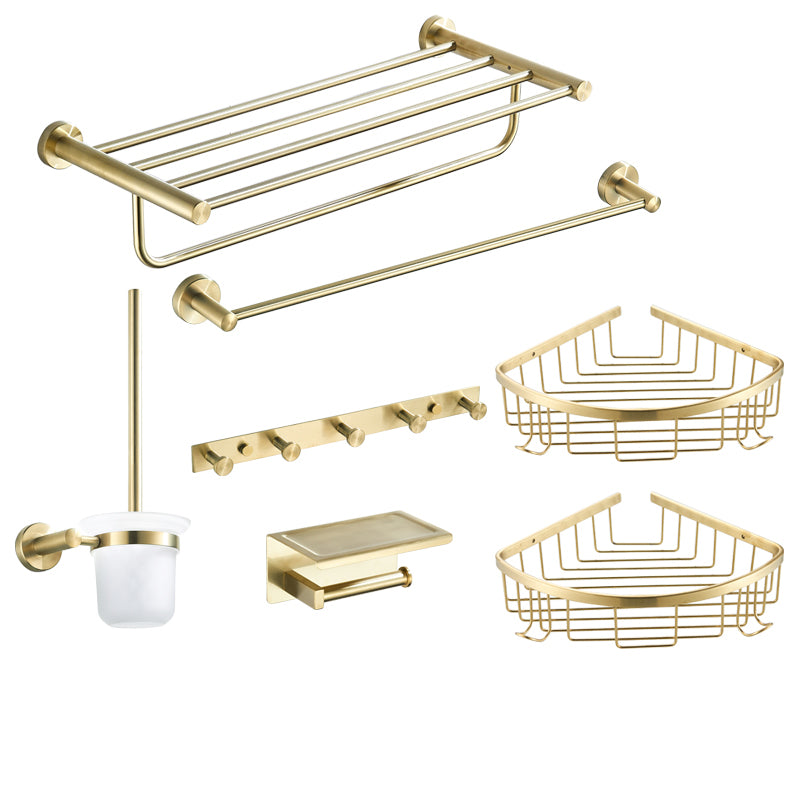 Traditional Brushed Brass Bathroom Accessory As Individual Or As a Set in Metal 7-Piece Set (Single Rod) Clearhalo 'Bathroom Hardware Sets' 'Bathroom Hardware' 'Bathroom Remodel & Bathroom Fixtures' 'bathroom_hardware_sets' 'Home Improvement' 'home_improvement' 'home_improvement_bathroom_hardware_sets' 7116260