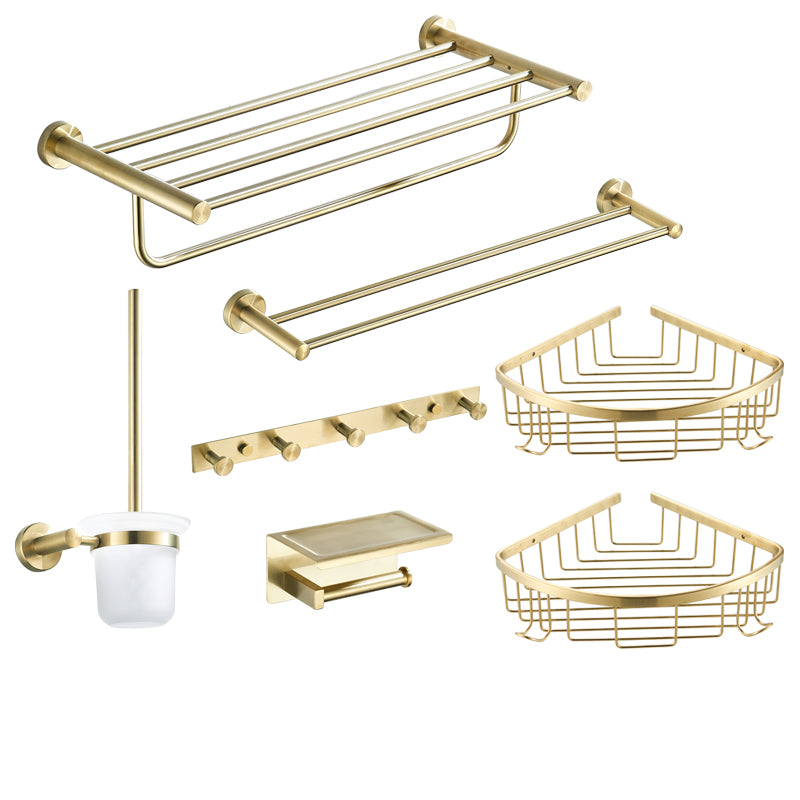 Traditional Brushed Brass Bathroom Accessory As Individual Or As a Set in Metal 7-Piece Set (Double Rods) Clearhalo 'Bathroom Hardware Sets' 'Bathroom Hardware' 'Bathroom Remodel & Bathroom Fixtures' 'bathroom_hardware_sets' 'Home Improvement' 'home_improvement' 'home_improvement_bathroom_hardware_sets' 7116261