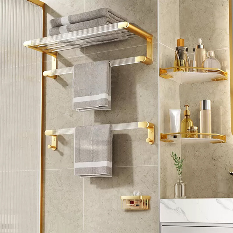 Modern Bathroom Accessory Set in Gold Metal and Acrylic Bath Hardware Set 5-Piece Set (Towel Bar) Clearhalo 'Bathroom Hardware Sets' 'Bathroom Hardware' 'Bathroom Remodel & Bathroom Fixtures' 'bathroom_hardware_sets' 'Home Improvement' 'home_improvement' 'home_improvement_bathroom_hardware_sets' 7116304