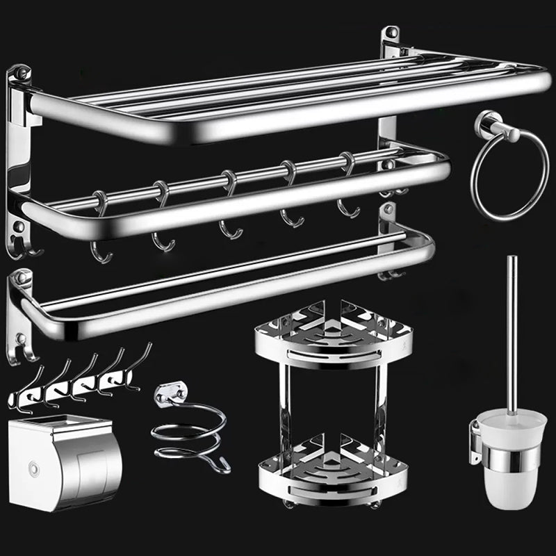 Contemporary Bathroom Accessories Hardware Set in Silver with Towel Bar Silver 8-Piece Set Clearhalo 'Bathroom Hardware Sets' 'Bathroom Hardware' 'Bathroom Remodel & Bathroom Fixtures' 'bathroom_hardware_sets' 'Home Improvement' 'home_improvement' 'home_improvement_bathroom_hardware_sets' 7116383