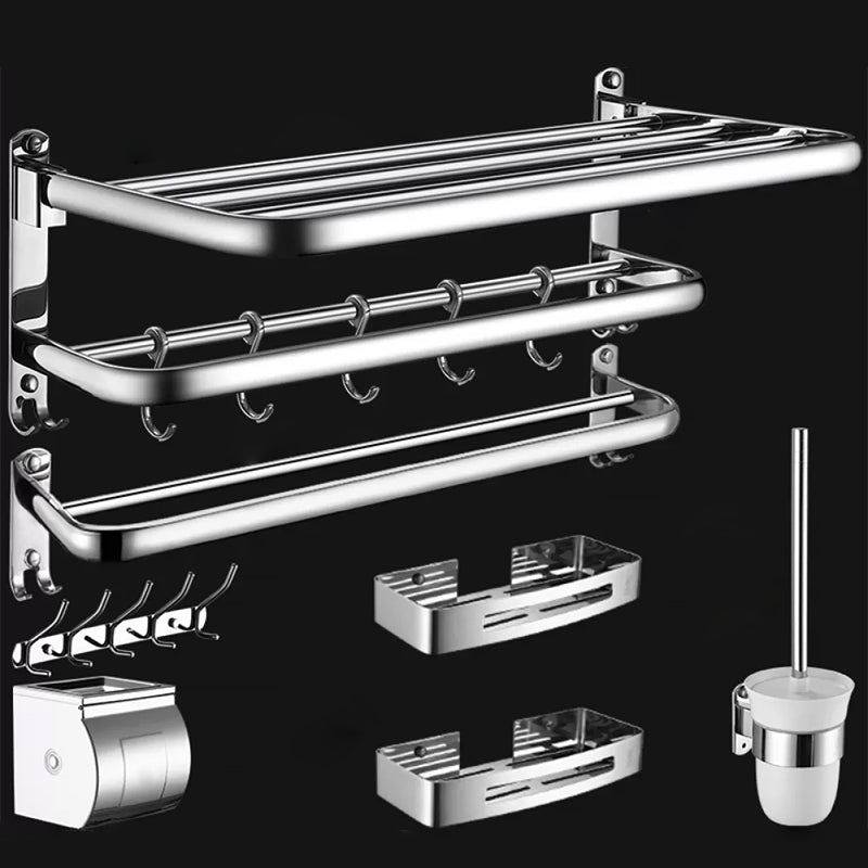 Contemporary Bathroom Accessories Hardware Set in Silver with Towel Bar Silver 7-Piece Set (Square Bath Shelf) Clearhalo 'Bathroom Hardware Sets' 'Bathroom Hardware' 'Bathroom Remodel & Bathroom Fixtures' 'bathroom_hardware_sets' 'Home Improvement' 'home_improvement' 'home_improvement_bathroom_hardware_sets' 7116387