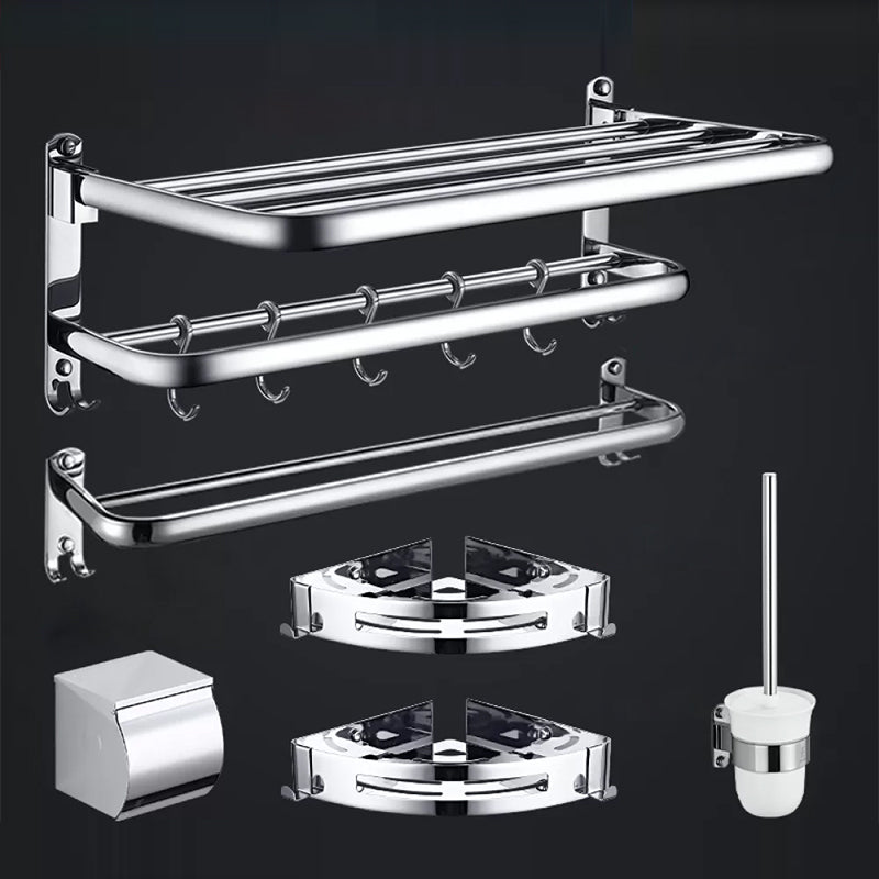 Contemporary Bathroom Accessories Hardware Set in Silver with Towel Bar White/Silver 6-Piece Set (Toilet Paper Holder) Clearhalo 'Bathroom Hardware Sets' 'Bathroom Hardware' 'Bathroom Remodel & Bathroom Fixtures' 'bathroom_hardware_sets' 'Home Improvement' 'home_improvement' 'home_improvement_bathroom_hardware_sets' 7116391