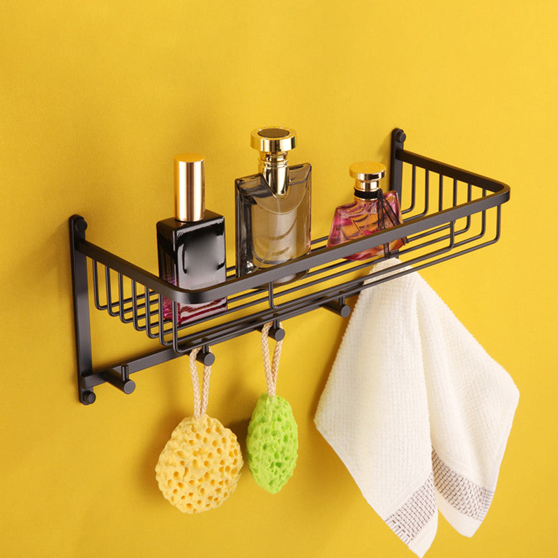 Contemporary Black Bathroom Accessory Kit in Metal with Towel Ring Bath Shelf Clearhalo 'Bathroom Hardware Sets' 'Bathroom Hardware' 'Bathroom Remodel & Bathroom Fixtures' 'bathroom_hardware_sets' 'Home Improvement' 'home_improvement' 'home_improvement_bathroom_hardware_sets' 7116608