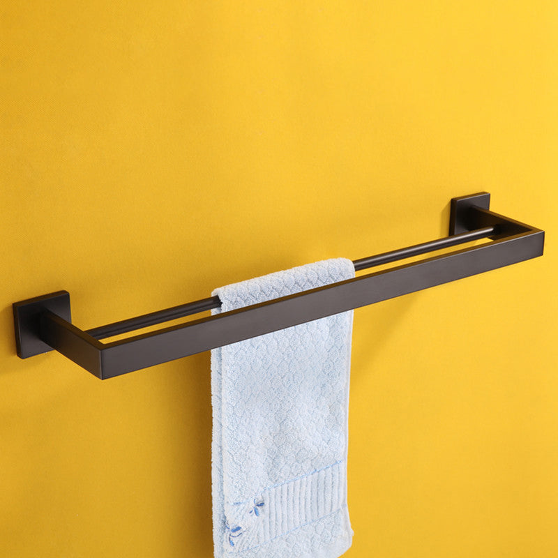Contemporary Black Bathroom Accessory Kit in Metal with Towel Ring Towel Bar (Double Rods) Clearhalo 'Bathroom Hardware Sets' 'Bathroom Hardware' 'Bathroom Remodel & Bathroom Fixtures' 'bathroom_hardware_sets' 'Home Improvement' 'home_improvement' 'home_improvement_bathroom_hardware_sets' 7116616