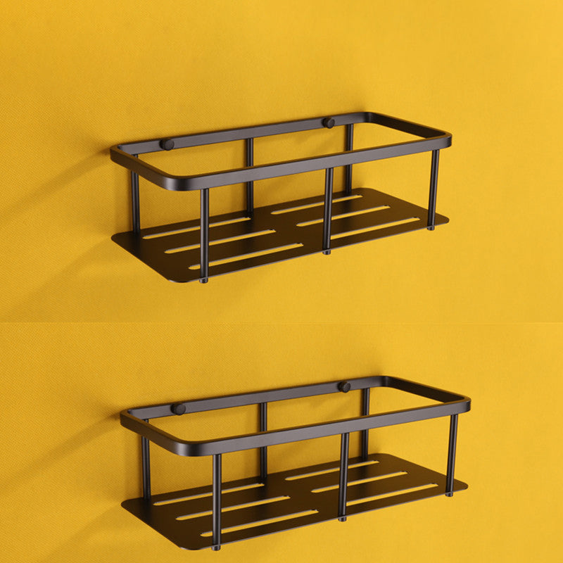 Contemporary Black Bathroom Accessory Kit in Metal with Towel Ring Double Layer Square Bath Shelves Clearhalo 'Bathroom Hardware Sets' 'Bathroom Hardware' 'Bathroom Remodel & Bathroom Fixtures' 'bathroom_hardware_sets' 'Home Improvement' 'home_improvement' 'home_improvement_bathroom_hardware_sets' 7116619