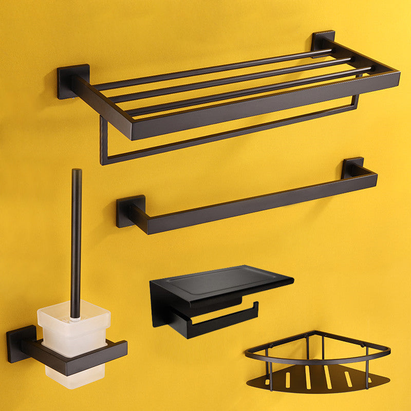 Contemporary Black Bathroom Accessory Kit in Metal with Towel Ring 5-Piece Set (Triangle Bath Shelf) Clearhalo 'Bathroom Hardware Sets' 'Bathroom Hardware' 'Bathroom Remodel & Bathroom Fixtures' 'bathroom_hardware_sets' 'Home Improvement' 'home_improvement' 'home_improvement_bathroom_hardware_sets' 7116621