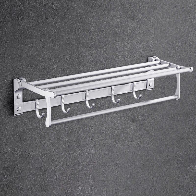 Contemporary Silver Metal Bathroom Accessory Kit with Towel Bar Silver Towel Rack Clearhalo 'Bathroom Hardware Sets' 'Bathroom Hardware' 'Bathroom Remodel & Bathroom Fixtures' 'bathroom_hardware_sets' 'Home Improvement' 'home_improvement' 'home_improvement_bathroom_hardware_sets' 7116646