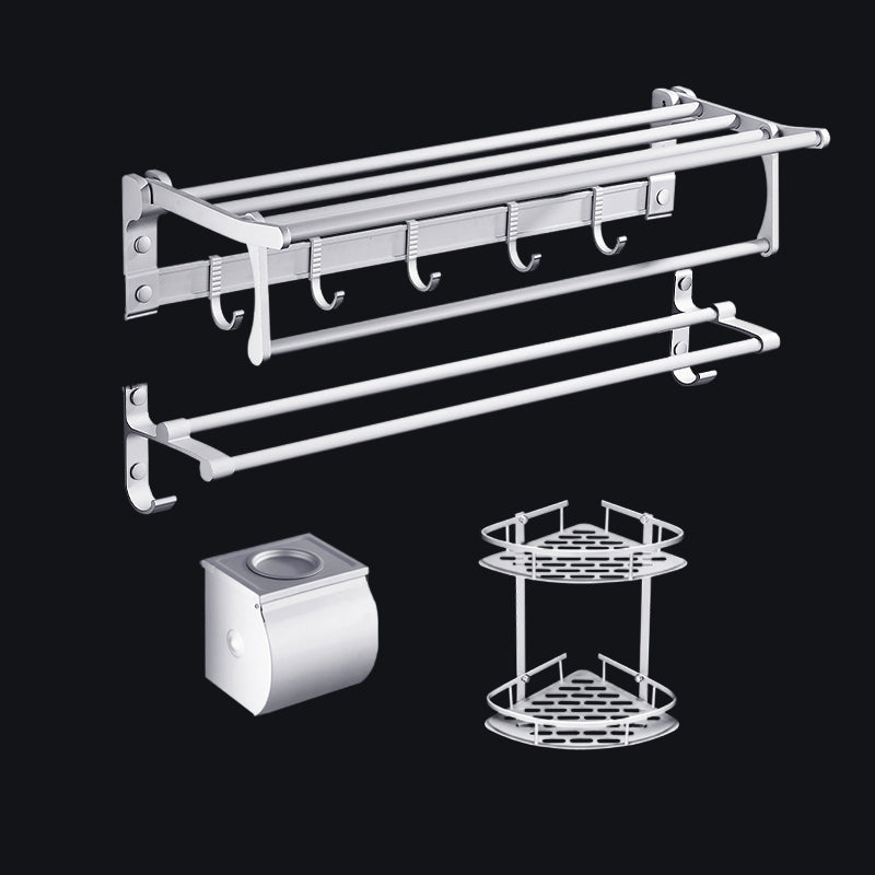 Contemporary Silver Metal Bathroom Accessory Kit with Towel Bar Silver 4-Piece Set (Toilet Paper Holder) Clearhalo 'Bathroom Hardware Sets' 'Bathroom Hardware' 'Bathroom Remodel & Bathroom Fixtures' 'bathroom_hardware_sets' 'Home Improvement' 'home_improvement' 'home_improvement_bathroom_hardware_sets' 7116650