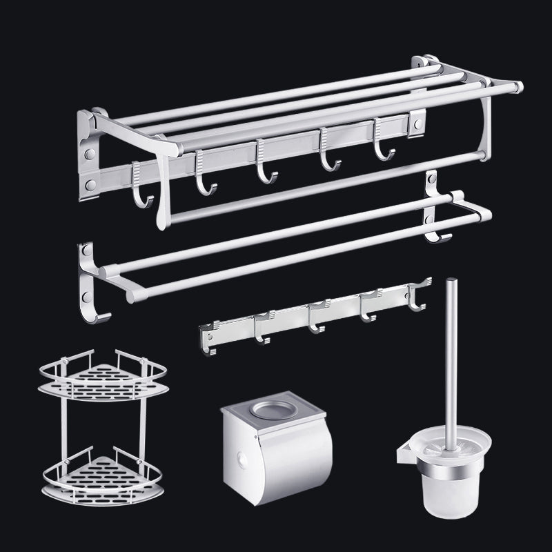 Contemporary Silver Metal Bathroom Accessory Kit with Towel Bar Silver 6-Piece Set Clearhalo 'Bathroom Hardware Sets' 'Bathroom Hardware' 'Bathroom Remodel & Bathroom Fixtures' 'bathroom_hardware_sets' 'Home Improvement' 'home_improvement' 'home_improvement_bathroom_hardware_sets' 7116652