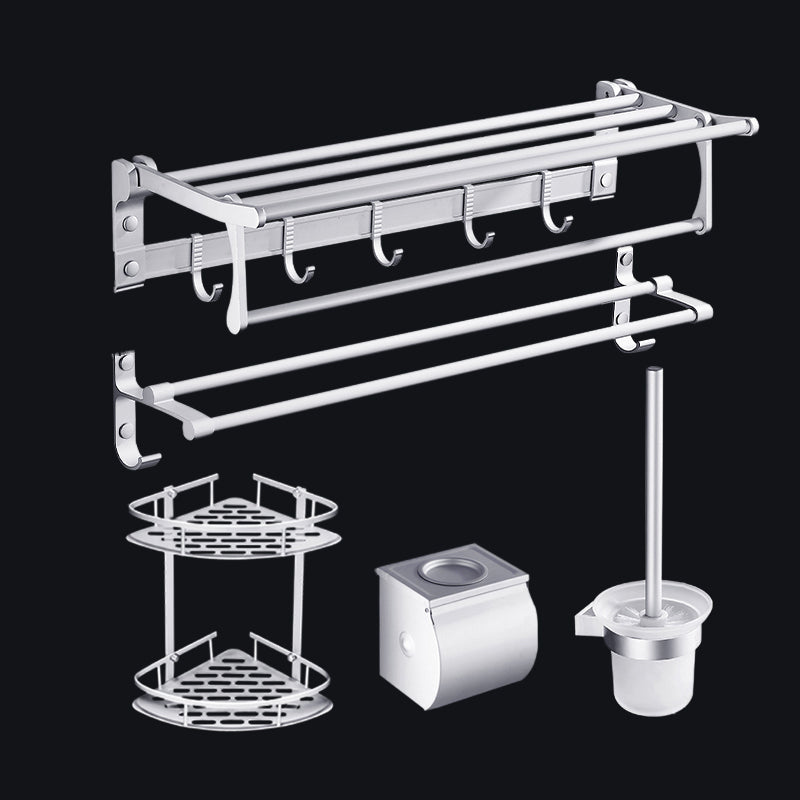 Contemporary Silver Metal Bathroom Accessory Kit with Towel Bar Silver 5 piece Set Clearhalo 'Bathroom Hardware Sets' 'Bathroom Hardware' 'Bathroom Remodel & Bathroom Fixtures' 'bathroom_hardware_sets' 'Home Improvement' 'home_improvement' 'home_improvement_bathroom_hardware_sets' 7116655
