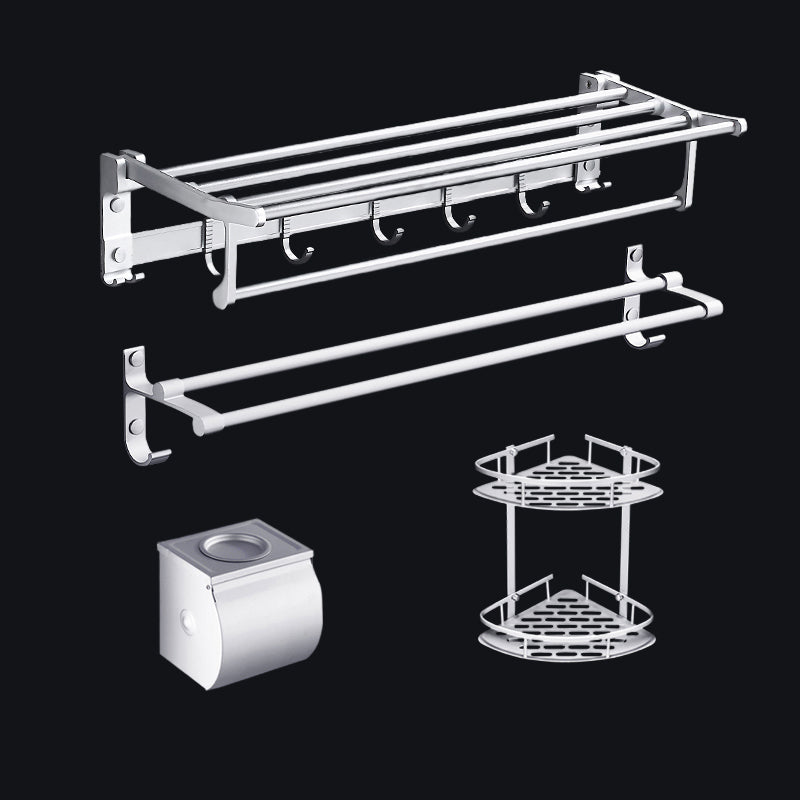 Contemporary Silver Metal Bathroom Accessory Kit with Towel Bar Matte Silver 4-Piece Set (Toilet Paper Holder) Clearhalo 'Bathroom Hardware Sets' 'Bathroom Hardware' 'Bathroom Remodel & Bathroom Fixtures' 'bathroom_hardware_sets' 'Home Improvement' 'home_improvement' 'home_improvement_bathroom_hardware_sets' 7116665