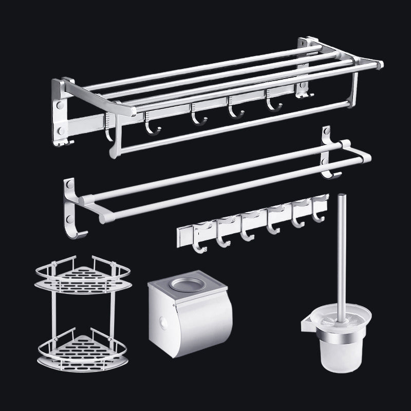 Contemporary Silver Metal Bathroom Accessory Kit with Towel Bar Matte Silver 6-Piece Set Clearhalo 'Bathroom Hardware Sets' 'Bathroom Hardware' 'Bathroom Remodel & Bathroom Fixtures' 'bathroom_hardware_sets' 'Home Improvement' 'home_improvement' 'home_improvement_bathroom_hardware_sets' 7116666