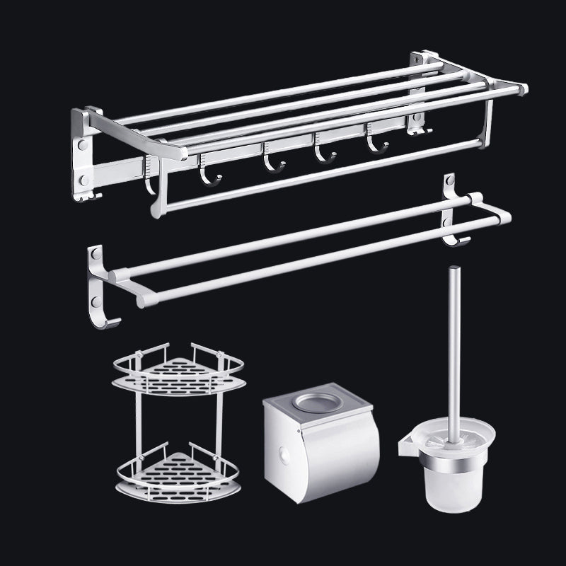Contemporary Silver Metal Bathroom Accessory Kit with Towel Bar Matte Silver 5 piece Set Clearhalo 'Bathroom Hardware Sets' 'Bathroom Hardware' 'Bathroom Remodel & Bathroom Fixtures' 'bathroom_hardware_sets' 'Home Improvement' 'home_improvement' 'home_improvement_bathroom_hardware_sets' 7116668