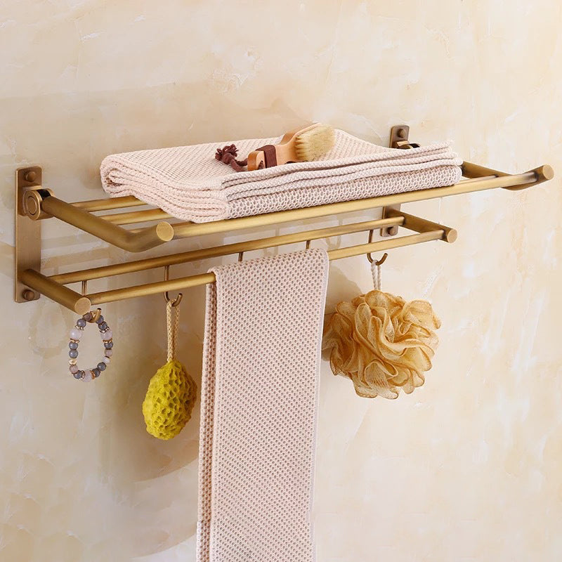 4-Piece Traditional Bathroom Accessory Set Gold Brass Bathroom Accessories Hardware Set Foldable Towel Rack Clearhalo 'Bathroom Hardware Sets' 'Bathroom Hardware' 'Bathroom Remodel & Bathroom Fixtures' 'bathroom_hardware_sets' 'Home Improvement' 'home_improvement' 'home_improvement_bathroom_hardware_sets' 7117108